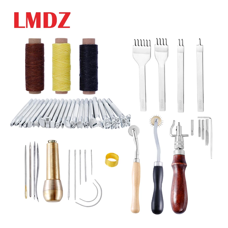 

LMDZ 39PCS/Set Leather Craft Hand Tools Kit Waxed Thread Thimble Kit For Hand Stitching Sewing Stamping DIY Tool Set