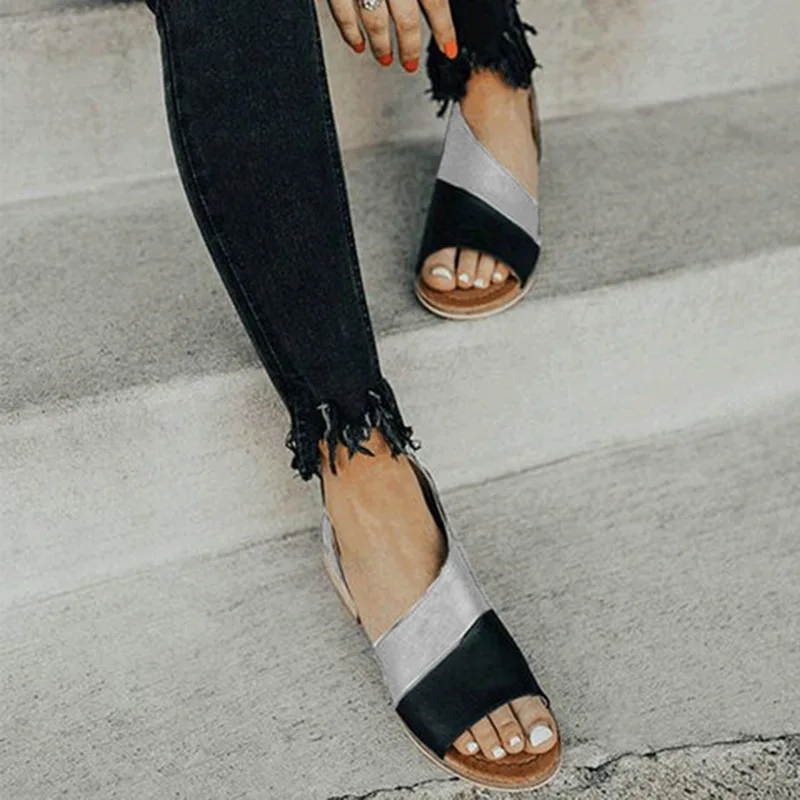 

Ladies Peep Toe Pointed Retro Non-Slip Flat Sandals Women Empty Fish Mouth Shoes Female Side Matching Color Beach Sandals