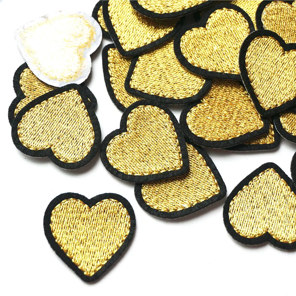 10pcs gold hearts black edge fabric embroidery sew iron on patches