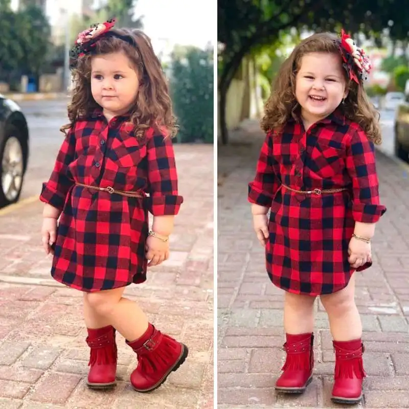 

Plaid Long Sleeve Girls Dress Cotton Summer Princess Dresses Baby Girls Clothes Shirt Dresses With Belt Baby Girl Clothing