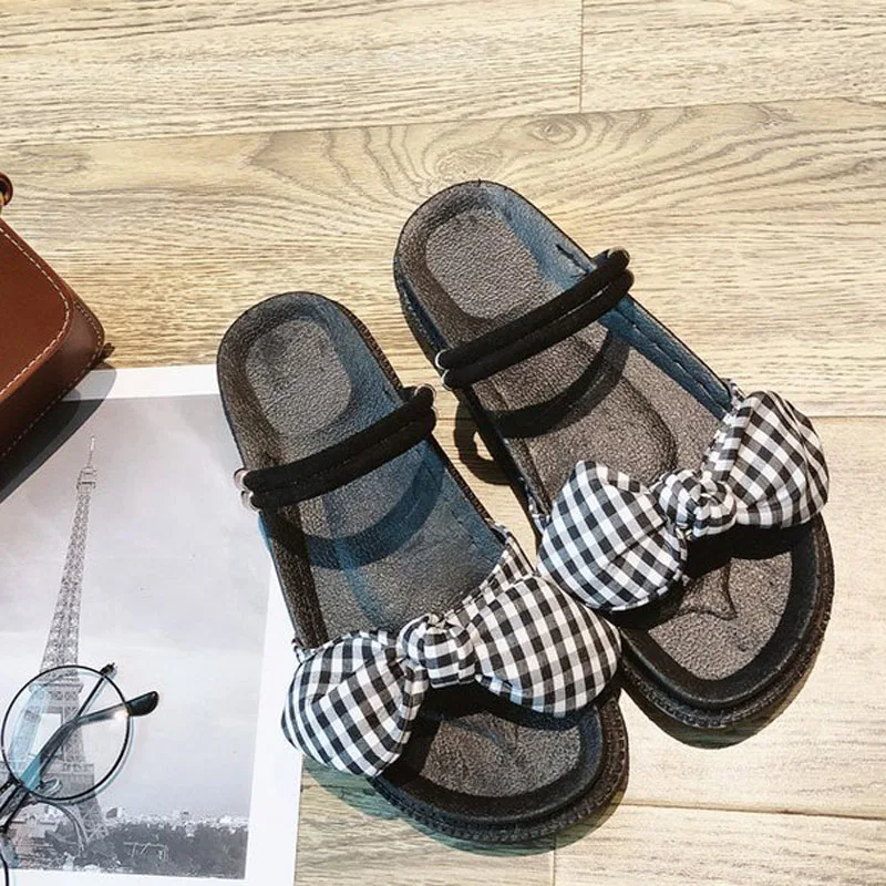 

2019 New Summer Flock Solid Butterfly-knot Outdoor Women Slippers Casual PU Leather Non-Slip Slippers Size 35-40 XWT1628