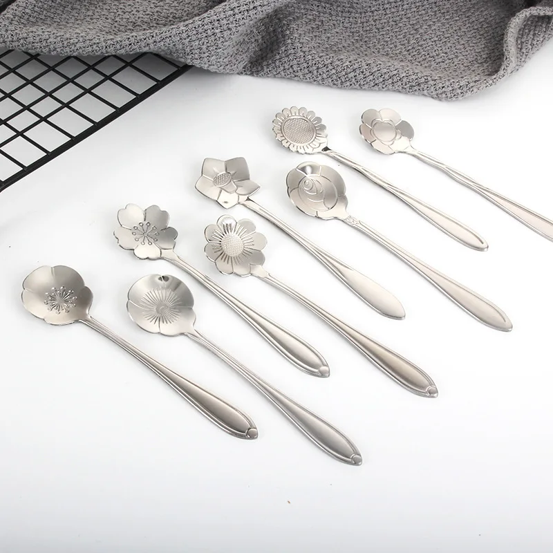 

5pcs/lot Creative Tablewares Silver Flower Coffee Dessert Ice Cream Spoon Teaspoon Seasoning Spoon Stainless Steel