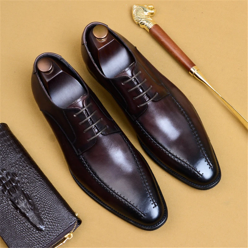 Phenkang/мужские кожаные туфли; модельные туфли в деловом стиле; мужские брендовые свадебные туфли из натуральной кожи на шнуровке; Цвет Черный