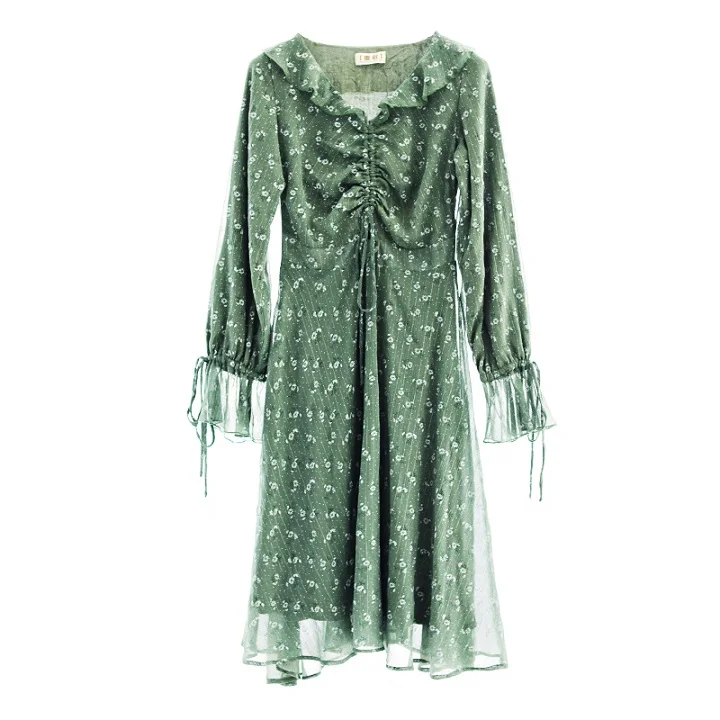 Линетт's Chinoiserie осенние женские шифона с принтом платье с длинным рукавом средней длины платье с длинным рукавом - Цвет: Зеленый