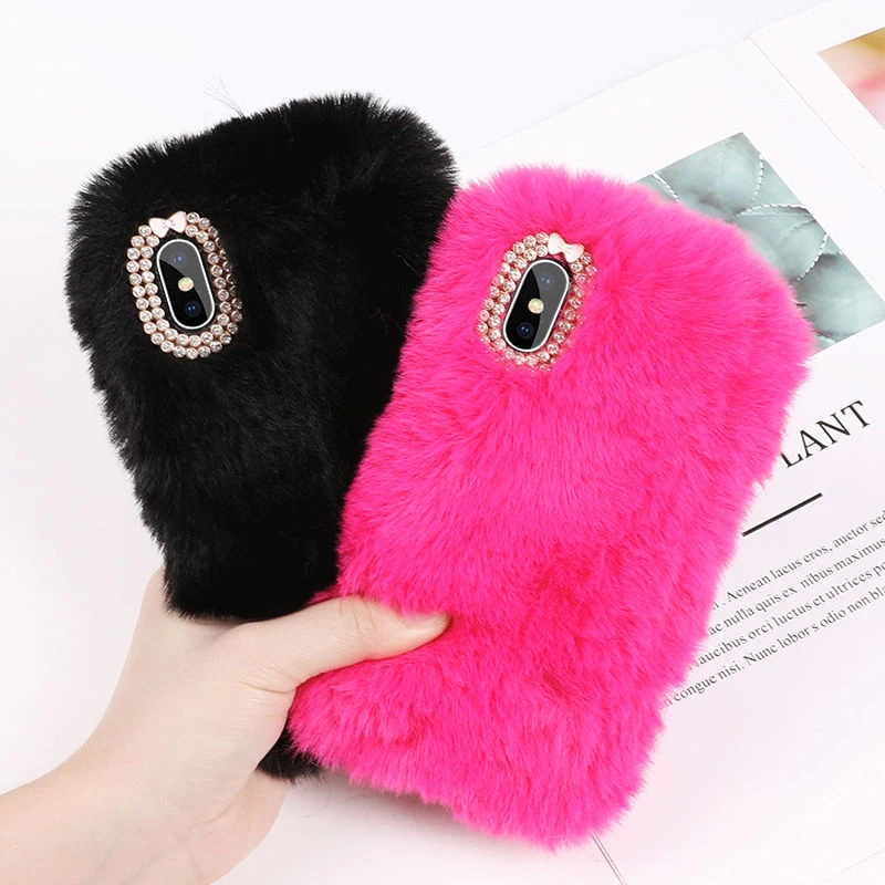 

Lovely Rabbit Fur Plush camera diamond Phone Case For iPhone X 6 6S Plus 7 7Plus 8 Plus Cute Furry Soft TPU hair Back Cover