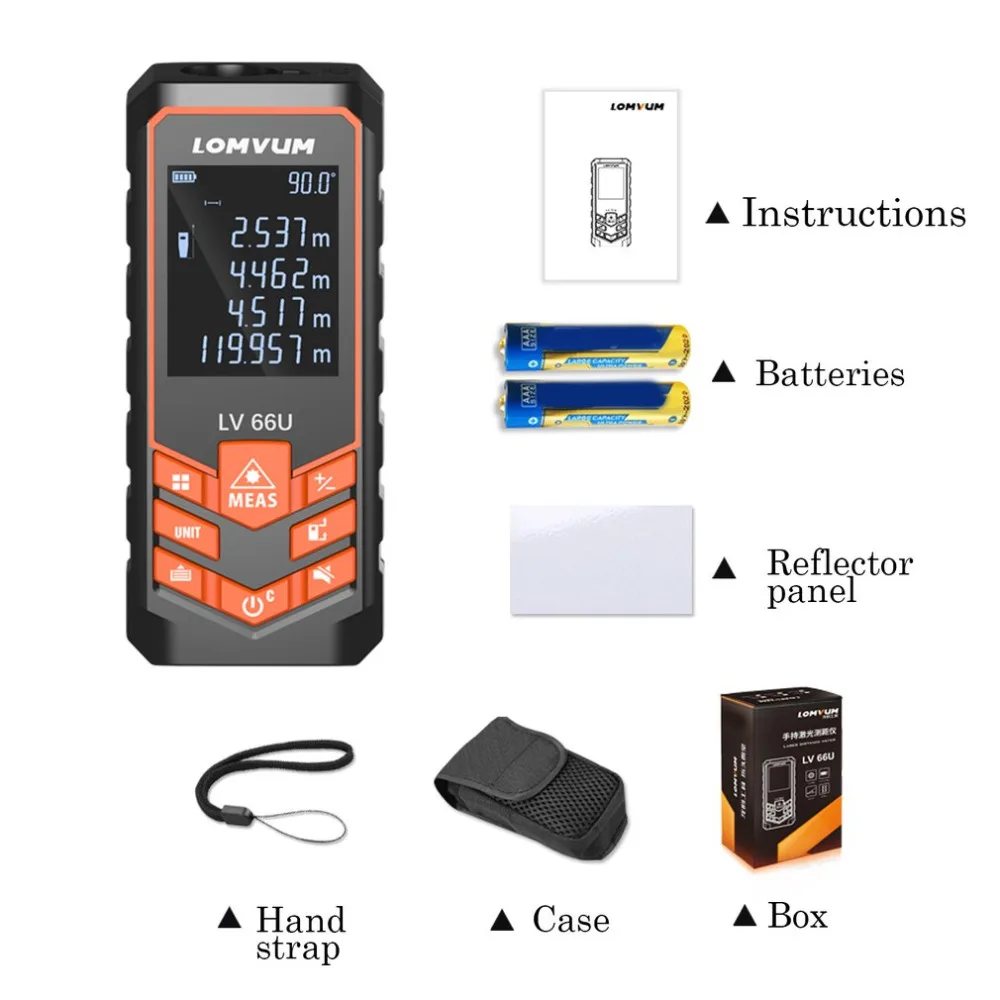 LOMVUM Digital Laser Range Finder Auto Level Distance Meter Measuring Handheld Instrument Rangefinder 40m 50m 60m 80m 100m 120m