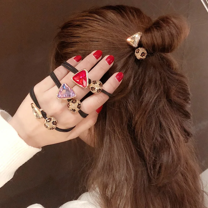

Korean crystal leather tendons triangular flash diamond hair rope Leopard pattern diamond ball matching hair ball hair rope