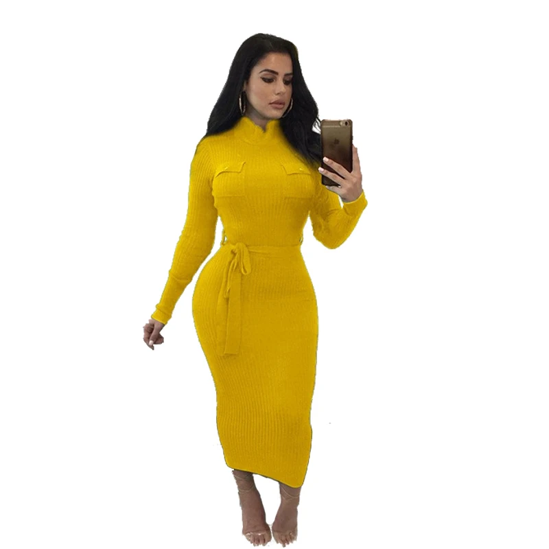 

Knit Cotton Dress Print Autumn New Lady Casual Yellow White Sheath Tight Waist Sashes Band Pockets Decoration Mid Calf Dresses