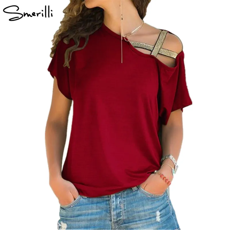 One Shoulder Sequin T-Shirt Women Skew Neck Tee Short Sleeve T Shirt 2018 Summer Casual Streetwear Ladies Tops Tshirts Plus Size Tops