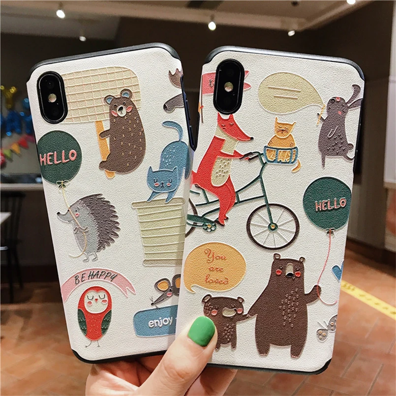 Cute Animal Hard PC Case For iPhone X Cover Shockproof 3D Relief Bumper 6 6s 7 8 Plus XR XS MAX Phone |