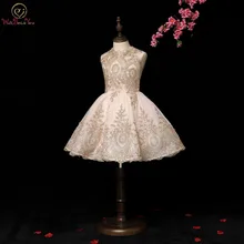 Walk Beside You/Золотые Платья с цветочным узором для девочек кружевное бальное платье с аппликацией и высоким воротом, Короткие торжественные платья для девочек