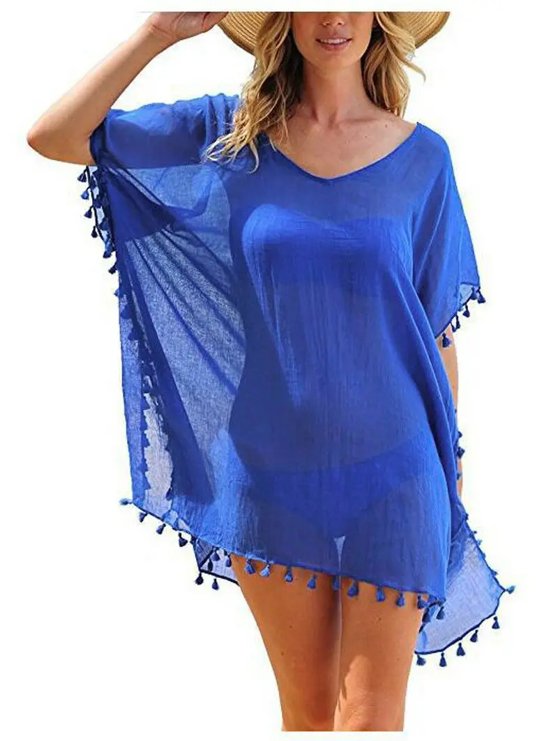 New Women Beachwear Swimwear Tassel Bikini Cover Up Summer Kaftan Beach Dress Bathing Suits Summer Mini Dress Loose Solid Pareo - Цвет: Синий