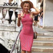ZOGAA Women Sexy Red Party Dress Stripe Print Backless Halter Spaghetti Strap Slim Fit Wrap Bodycon Streetwear Mini Pencil Dress red spaghetti random floral print halter sleeveless mini dress