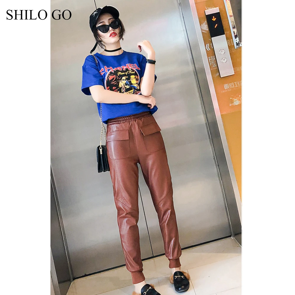 SHILO GO Leather Pants Womens Spring England sheepskin genuine leather Pants stretch high waist front pocket Casual pants