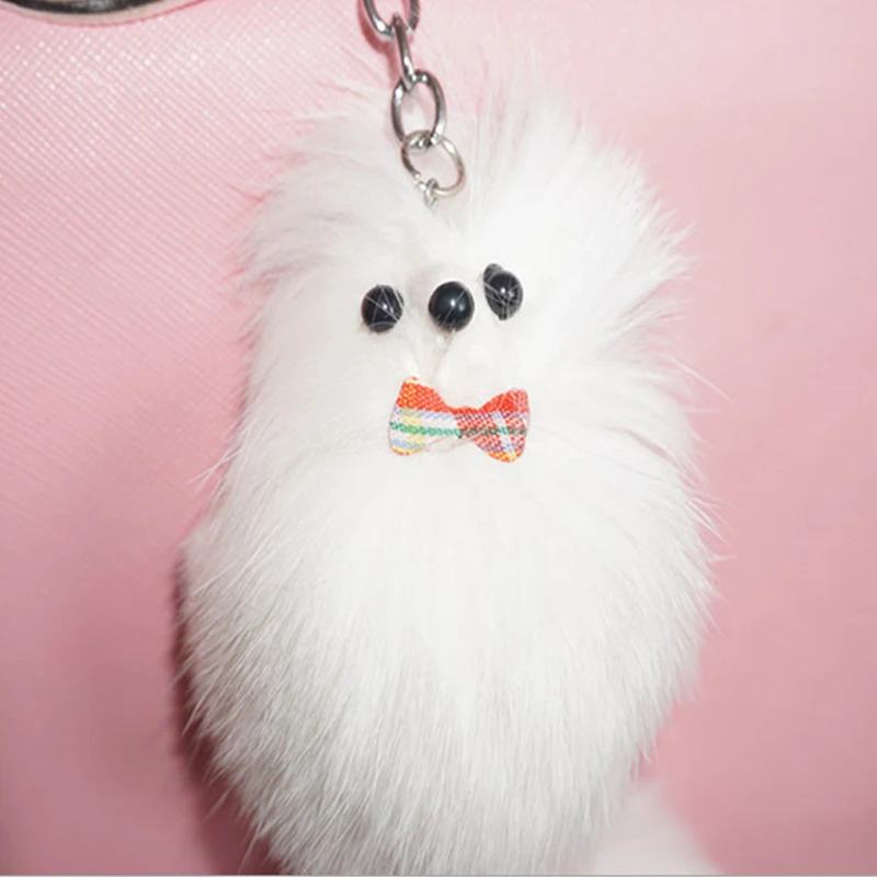 

Cute Fluffy Key Chain Rings Bow-knot Bow Tie Fox Ball Pompom Mouth Keychain Car Bag Key Ring Women Pandents Jewelry 2C0391