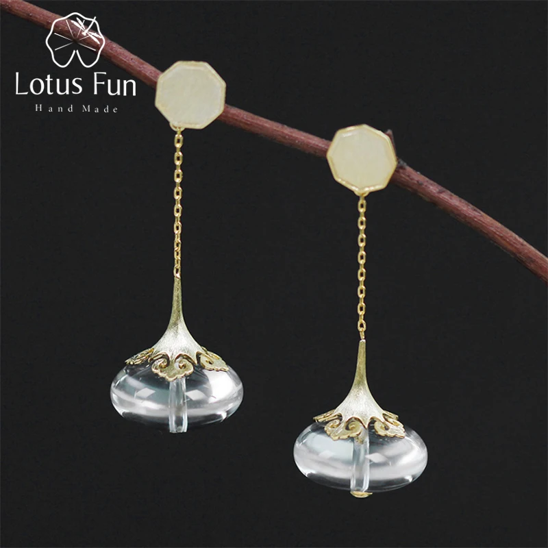Lotus Fun Real 925 Sterling Silver Modern Chinese Style Handmade Designer Fine Jewelry Natural Crystal Drop Earrings for Women