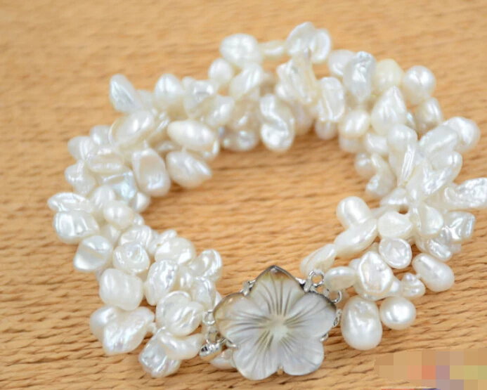 

Hot selling>@@ 0768 4row 8" white lamina BAROQUE KESHI REBORN PEARL bracelet -Bride jewelry free shipping