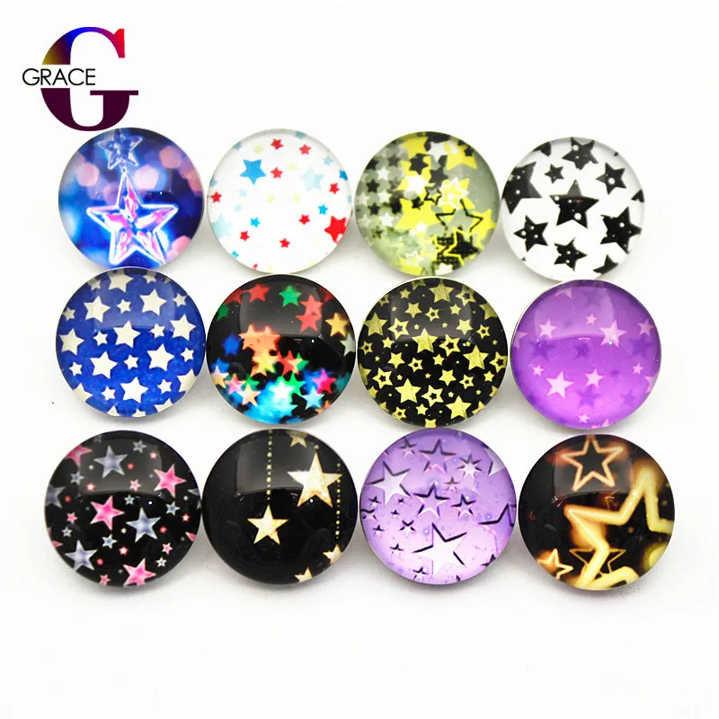 

20pcs Mixed Beautiful Pentagram Printed Charms 18mm Glass Star Pattern Snap Buttons For DIY Women Bracelet&Bangle Snaps Jewelry