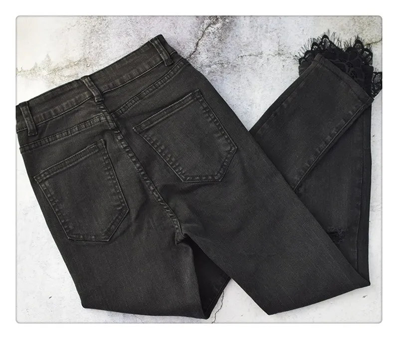 European and American women's wear high waist slender body elastic wash knees broken holes jeans nine trouser leg stitching lace super popular (16)