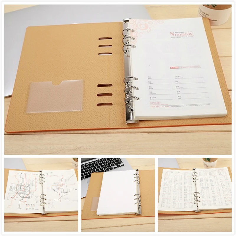 PU Leather 6 Ring Binder Portfolio Notebook A5 Spiral Journal,100 Sheet