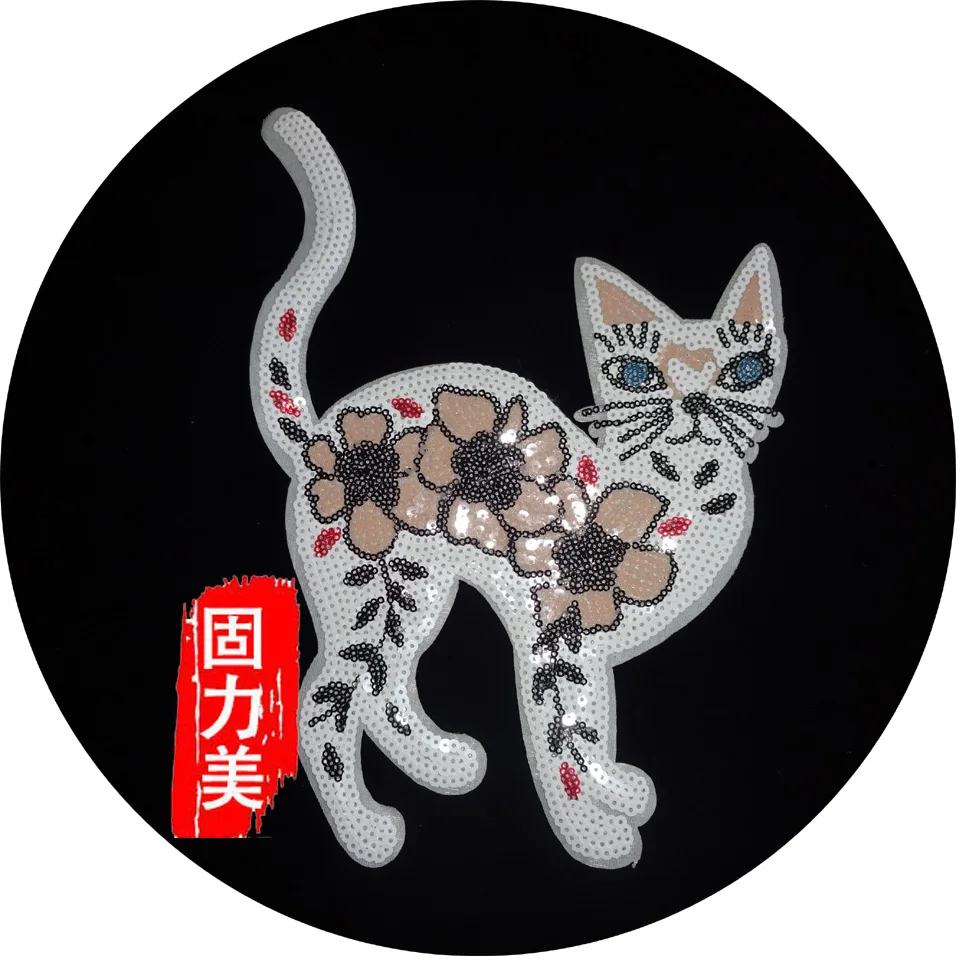 

1PC big size 30*20cm sequined sequins iron on cat patch