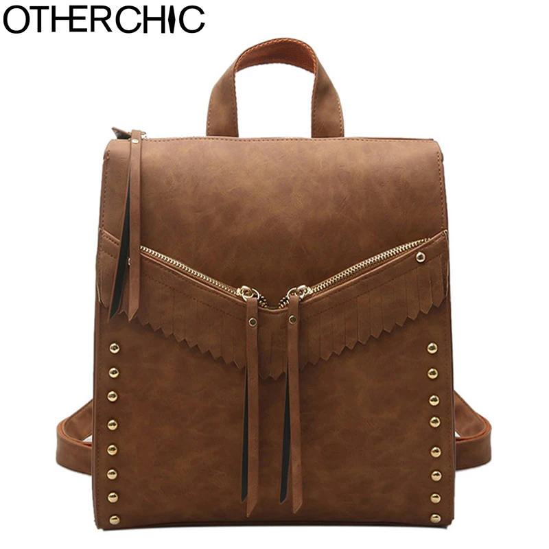 OTHERCHIC Fashion Retro Women Backpack Rivet High Quality Nubuck Leather Vintage Backpacks for Teenag Girls Sac