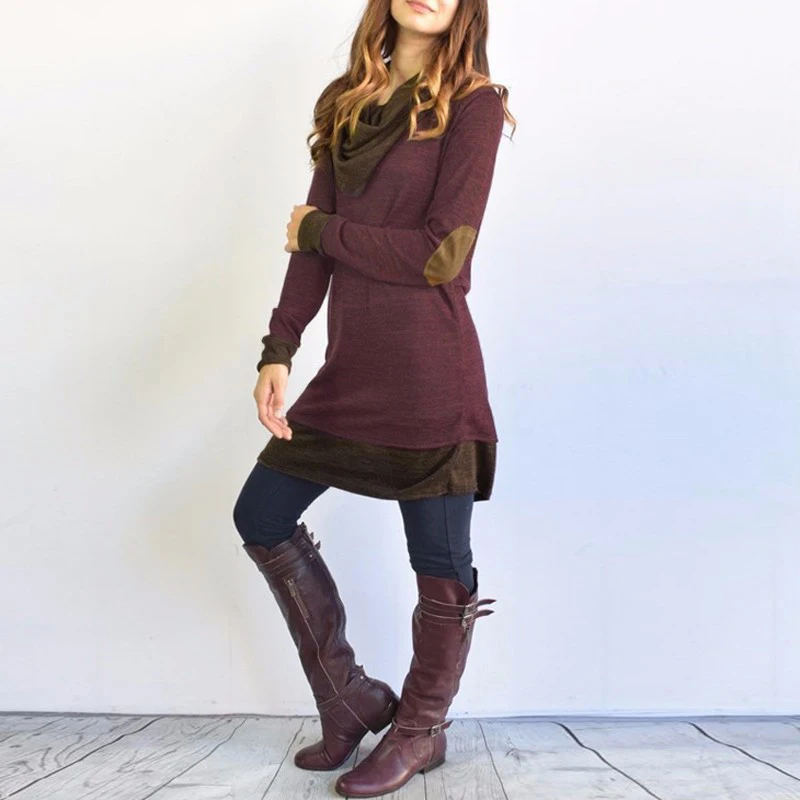 BBYES Plus Szie Women Cowl Neck Tops Women's Long Sleeve Pullover Casual Patchwork Shirt Tops Blouse S-5XL
