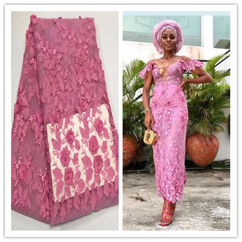 

Latest Pink 3d African Laces 2018 Embroidered Beaded Flower Applique French Tulle Bridal Lace Fabric High Quality For Wedding