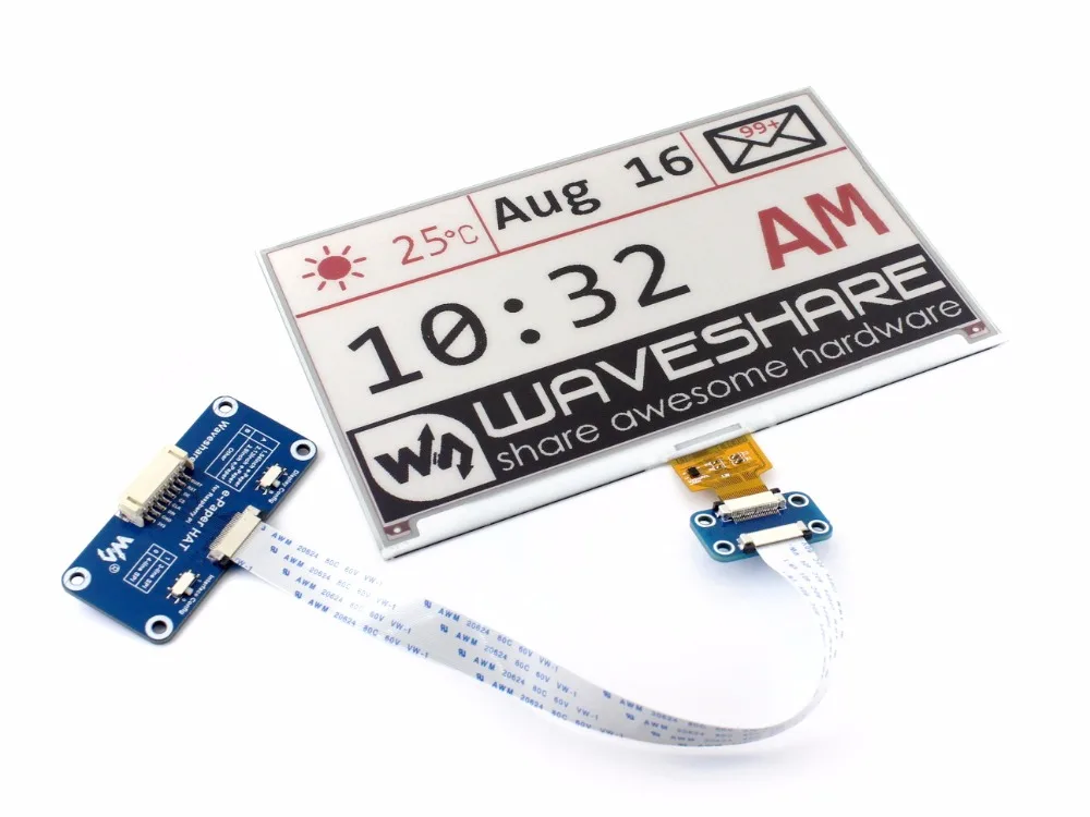 Waveshare 640x384,7.5inch E-Ink display HAT for Raspberry Pi 2B/3B/Zero WThree-color:Red,Black White,SPI Interface,No Backlight 