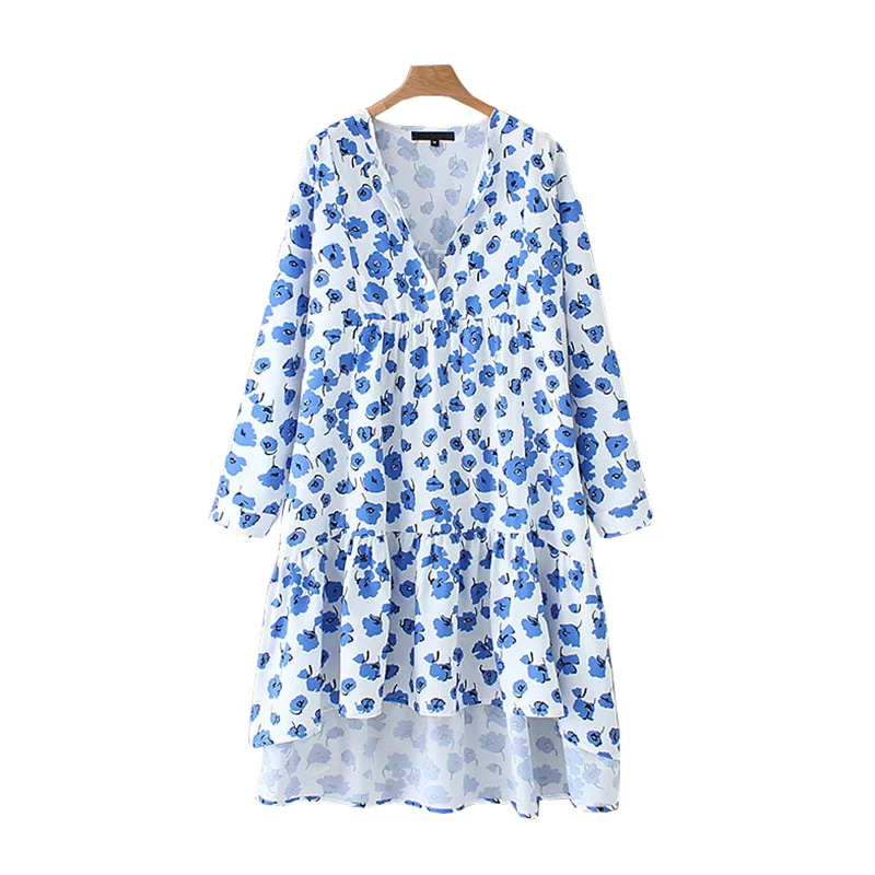 

ZXQB Vintage Chic Floral Print Irregular Midi Dress Stylish Women V Neck Long Sleeve Pleated Dresses Casual Vestidos Mujer