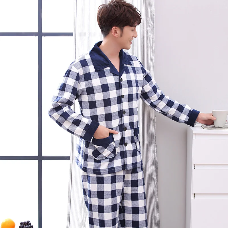 J & Q Новые пижамы Homme двойными бортами хлопковые De Hombre зимние мужские теплые Masculino