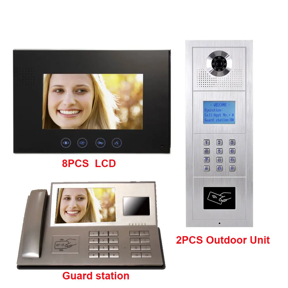 7 inch LCD Monitor Digital Multi Apartment Building Video Doorphone Intercom System Alloy Color HD IP55 Waterproof Camera 8 LCD