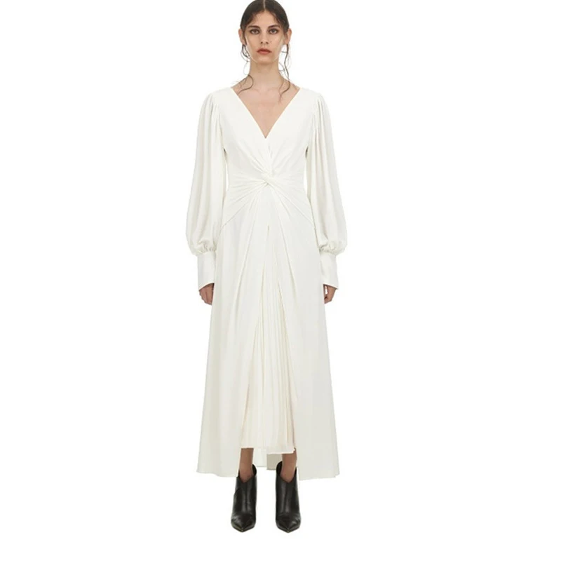 

2019 Summer Designer Woman White Dress Sexy V-Neck Long Sleeve Pleated Split Maxi Dress Holiday Vacation Dresses Vestidos