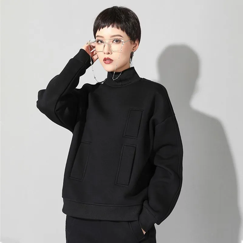 Черная футболка с высоким воротом больших размеров, Женская Корейская одежда с длинными рукавами и карманами, свободные повседневные топы, осенняя зимняя уличная одежда