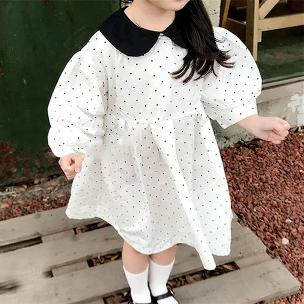 

2019 Summer Wear Children Hot Style Lapel Dress Girls Korean Dots Long Sleeve Cotton Loose Dress