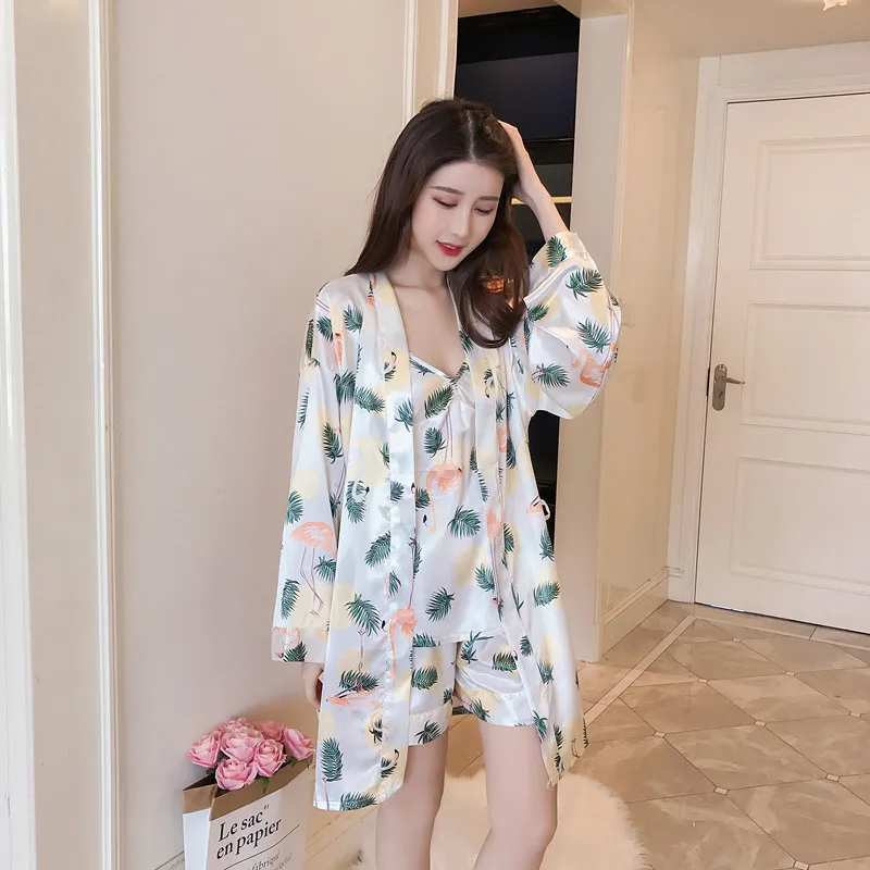 Summer Women Rayon Pajamas Sets Floral Printed Sweet Night robe Camisole Shorts Sleepwear