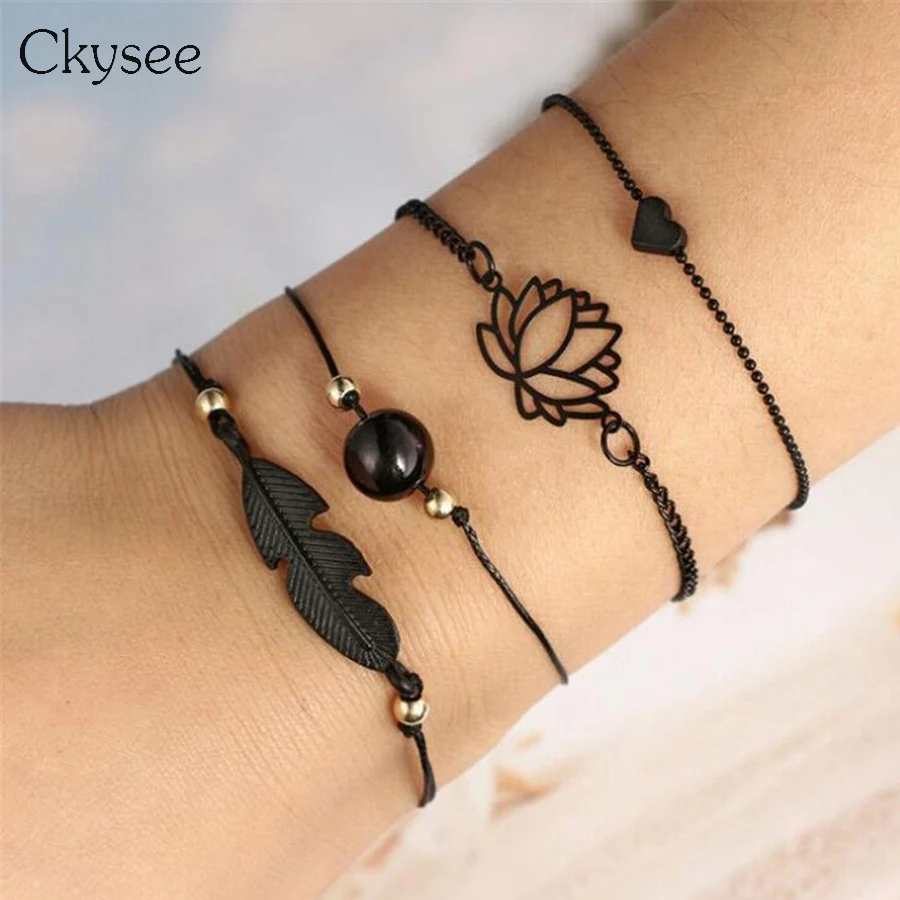 

Ckysee 4Pcs/set Vintage Feather Lotus Ball Beads Charm Bracelet For Women Boho Multilayer Chain Bracelet 2018 Pulseras Mujer
