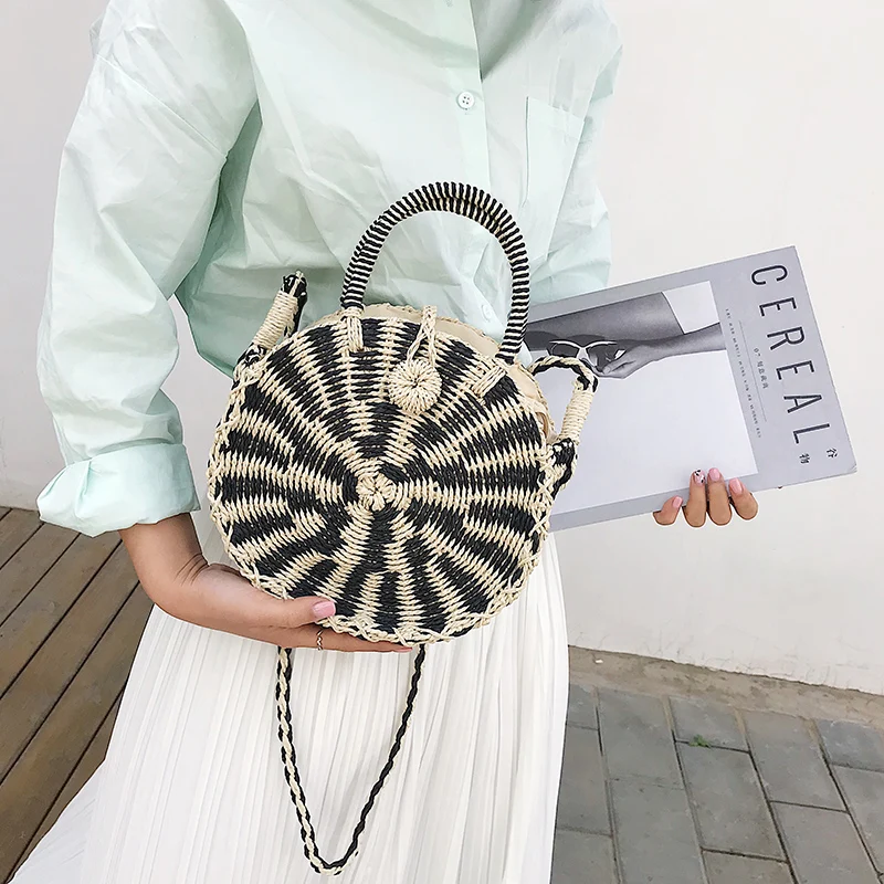 

Black Round Straw Bag Handmade Rattan Woven Vintage Retro Straw Rope Knitted Women Crossbody Handbag Fresh Beach Bag Bohemia