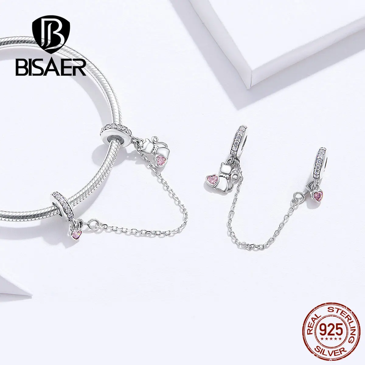 BISAER Cat Charms 925 Sterling Silver Cat Kitten Pussy Safety Chain Beads fit for Charm Bracelets Silver 925 Jewelry ECC1233