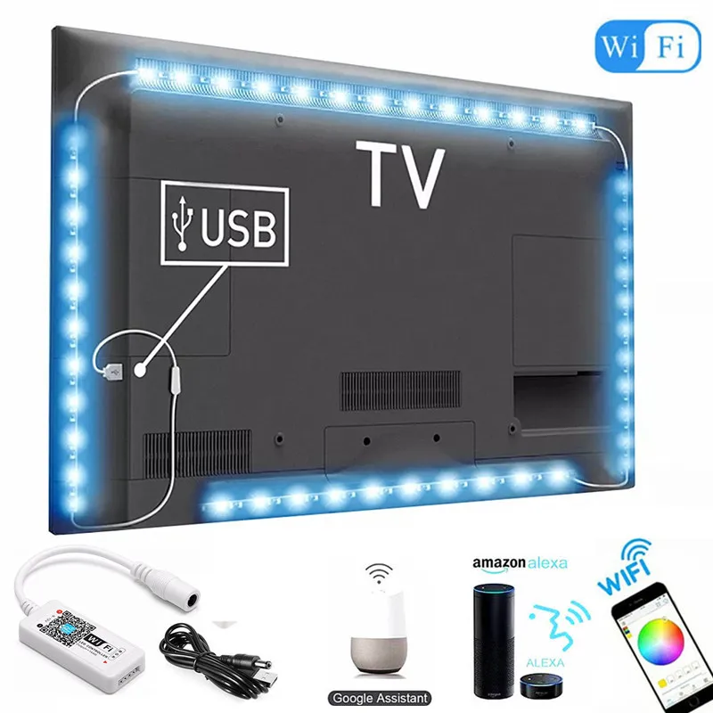 

DC 5V USB WIFI TV Background Light Computer Screen Back Bias Tape Light 5050 RGB LED Back Strip Light Home Sound Smart Control