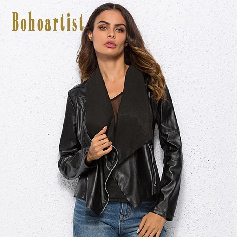 Bohoartist PU Leather Jacket Bohemian Black Zipper Women Basic Jacket Coat Punk Fashion Turn-down Collar Female Warm Outwear