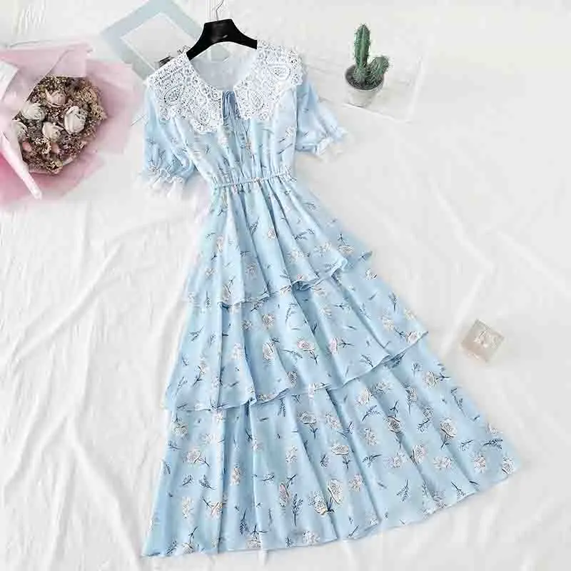 Для женщин шифоновое платье корейские летние модные женские туфли винтажные горошек печати с коротким рукавом платья сладкий кукла воротник длинное платье