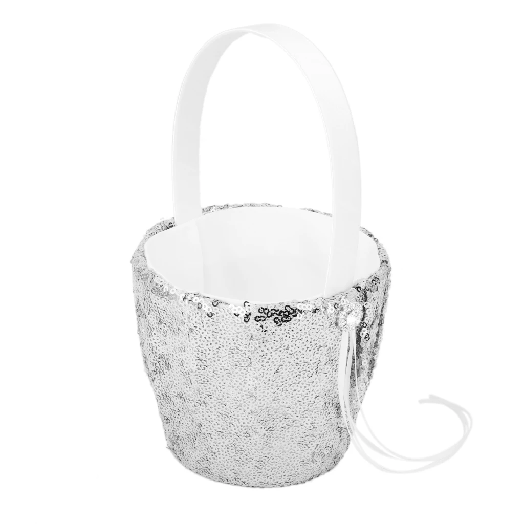 Fashion Wedding Flower Girl Basket Sequins Ribbon Flower Basket for Wedding Party Decoration Love Case Satin Basket Storage
