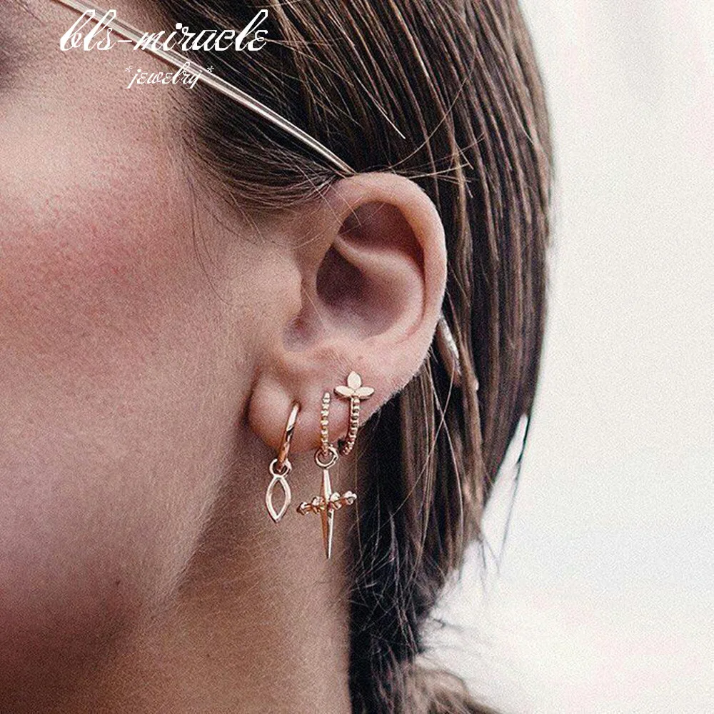 

1set=3pieces New Fashion jewelry alloy gold color vintage cross and water shap drop earrings best gift for girl wholesale E519