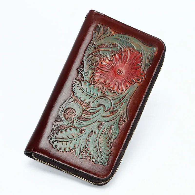 Cow Leather Wallets Carving Embossing Purses Women Men Long Clutch