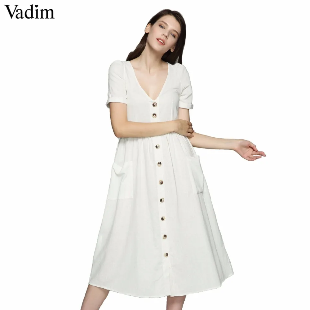 Vadim Vrouwen Sexy V Hals Effen Midi Jurk Zakken Knoppen Korte Mouw Geplooide Dames Casual Chic Jurken Vestidos Qz3650 Vadim Vrouwen Sexy V Hals Effen Midi Jurk Zakken Knoppen Korte Mouw Geplooide Dames Casual Chic Jurken Vestidos Qz3650