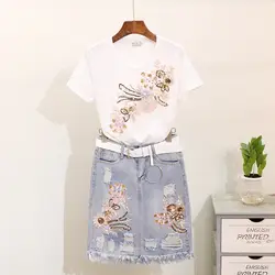 2019 летние новые женские джинсы Юбки Костюмы бисером блестками вышивка цветок футболка + рваные джинсовые бедра юбка комплект из двух