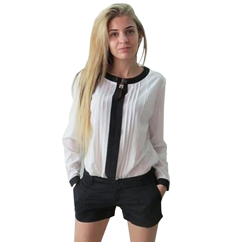 Blouse 2015 Summer Style Casual 4 Colors Chiffon Long-sleeve Contrast Color Patchwork Bow Hollow-out Shirt Women Tops WCX497 |