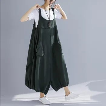 

Jumpsuits New Literary Large Size Women's Big Pocket Bib Loose Wide Leg Pants Women Casual Fashion Summer Trousers XL-01