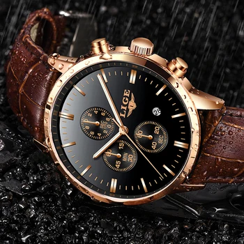 

2019 LIGE New Fashion Gift Men Watch Leather Analog Quartz watches 30M Waterproof Chronograph Sport Date Watch Men montre homme